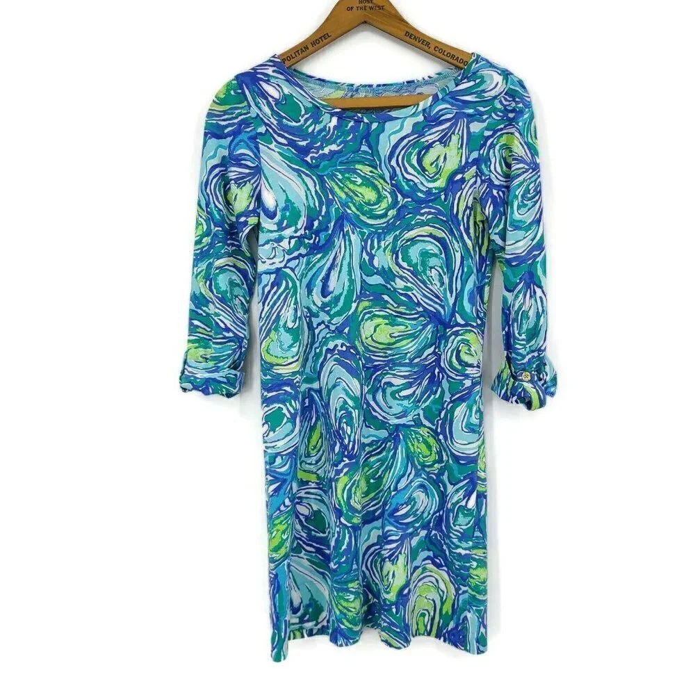 Lilly Pulitzer Linden T-Shirt Dress Womens XS Blue Green Mini Oh Shucks - Picture 2 of 6